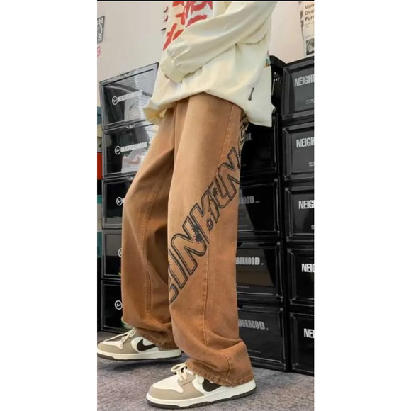 FASHION Jeans Mens Size 28" Waist Brown Baggy Y2K Grafitti Korean Streetwear NWT - Picture 2 of 10